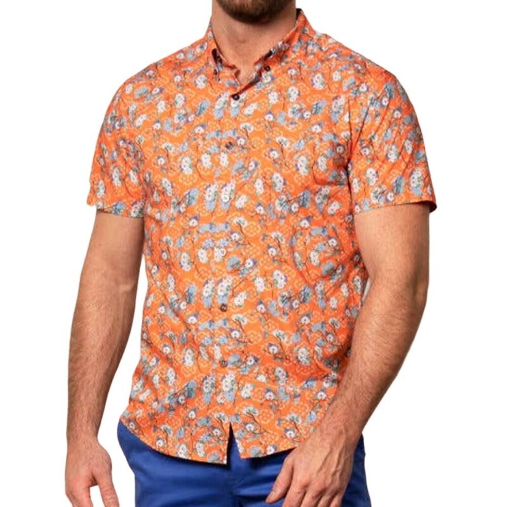 Lords of Harlech NWOT Tim Blossom Canvas Coral Short Sleeve Button Shirt Size M